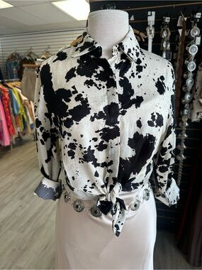 Love Tree Black & White Cow Print Tie-Front Button Down Shirt